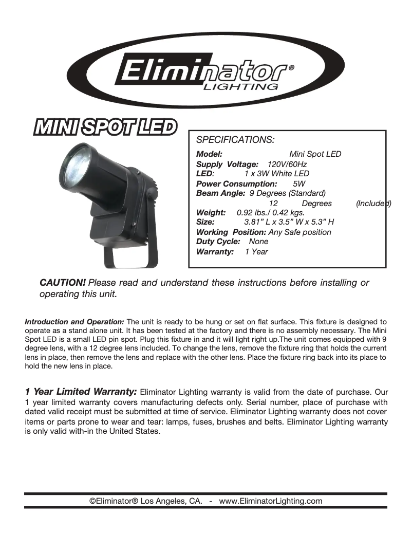 Page 1 of the manual User Manual Adj Mini Spot LED