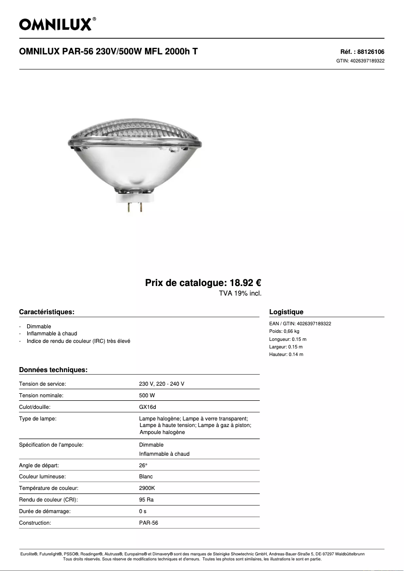 Page 1 of the manual Technical Sheet Omnilux PAR-56