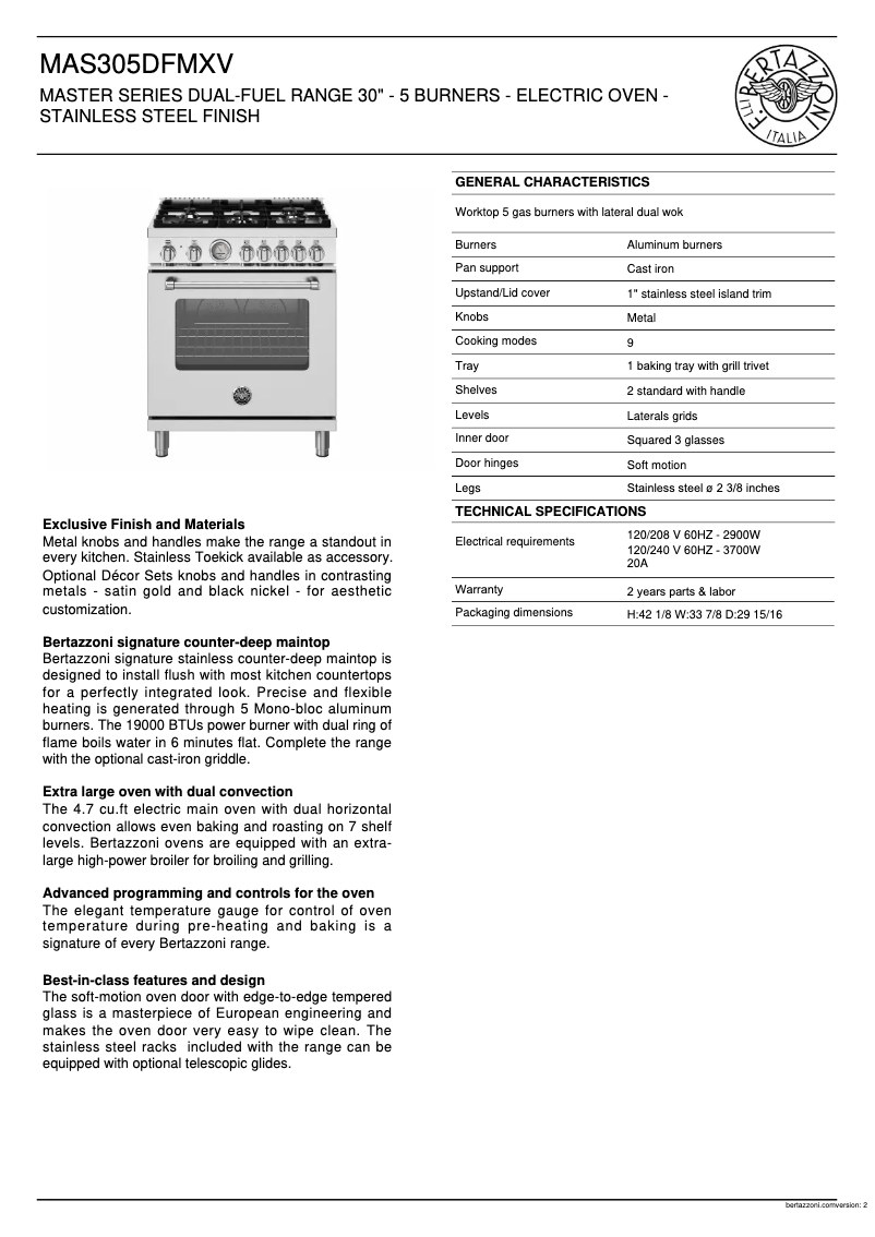 Page 1 of the manual Technical Sheet Bertazzoni MAS305DFMXV