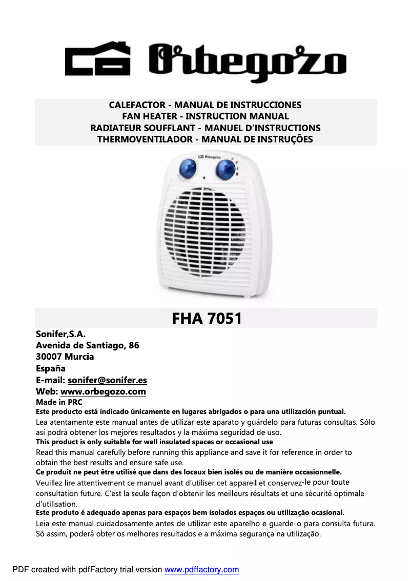 Page 1 of the manual User Manual Orbegozo FHA 7051