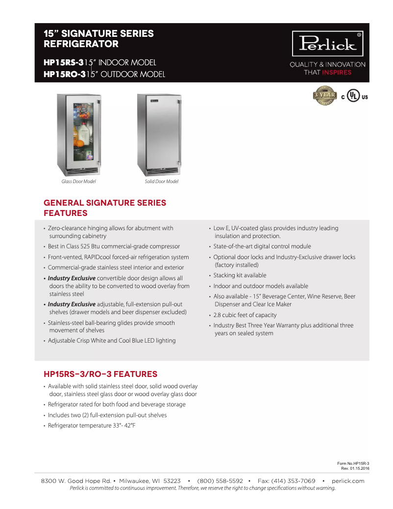 Page 1 of the manual Technical Sheet Perlick HP15RS-3-5