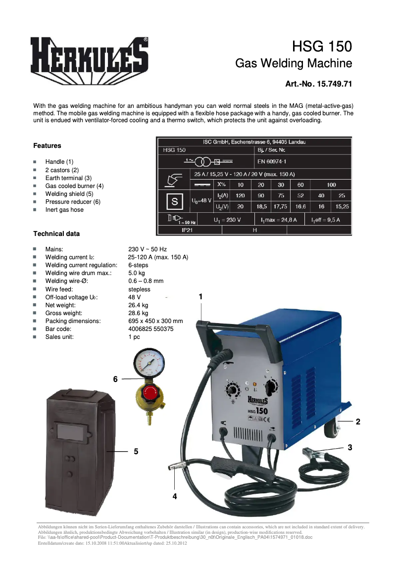 Page 1 of the manual Technical Sheet Herkules HSG 150