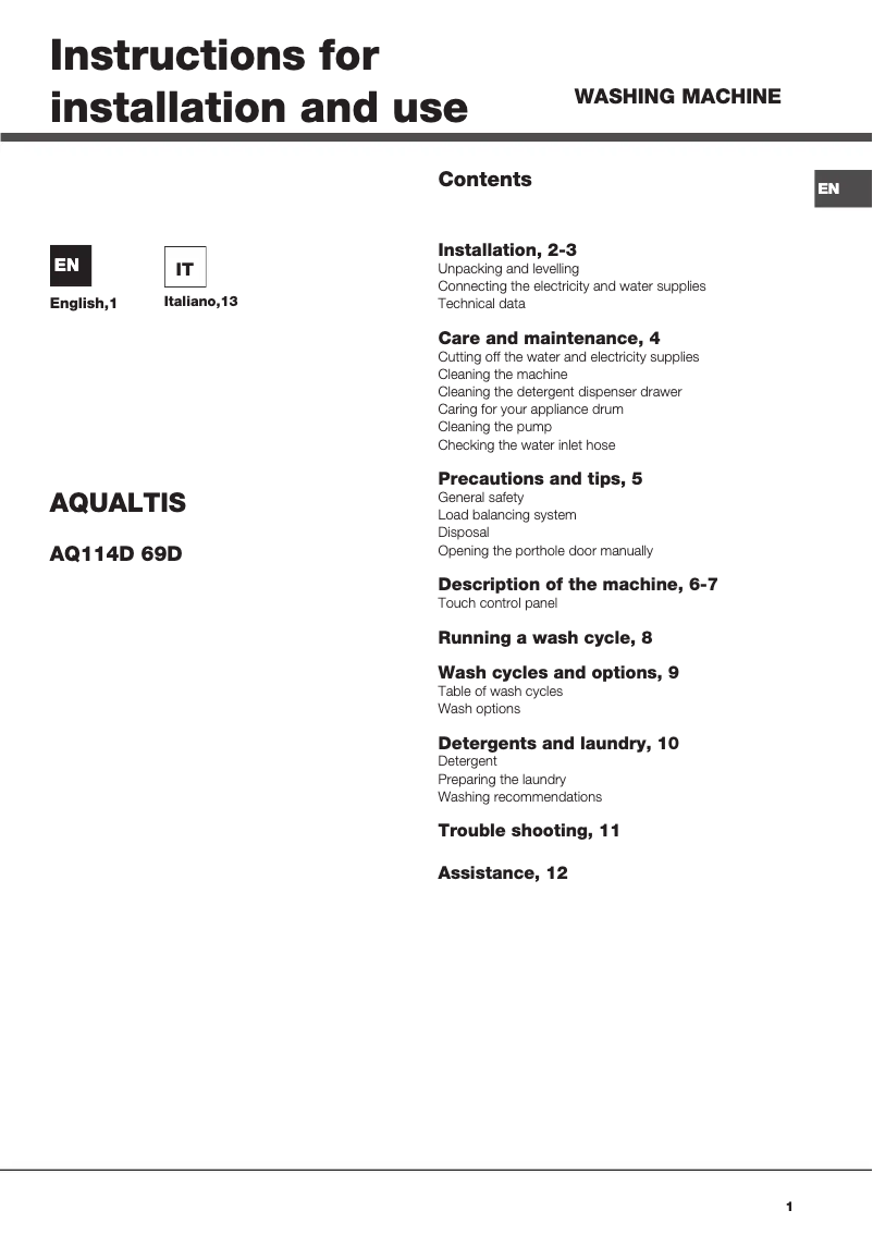 Page 1 of the manual User Manual Hotpoint Ariston AQ114D 69D IT
