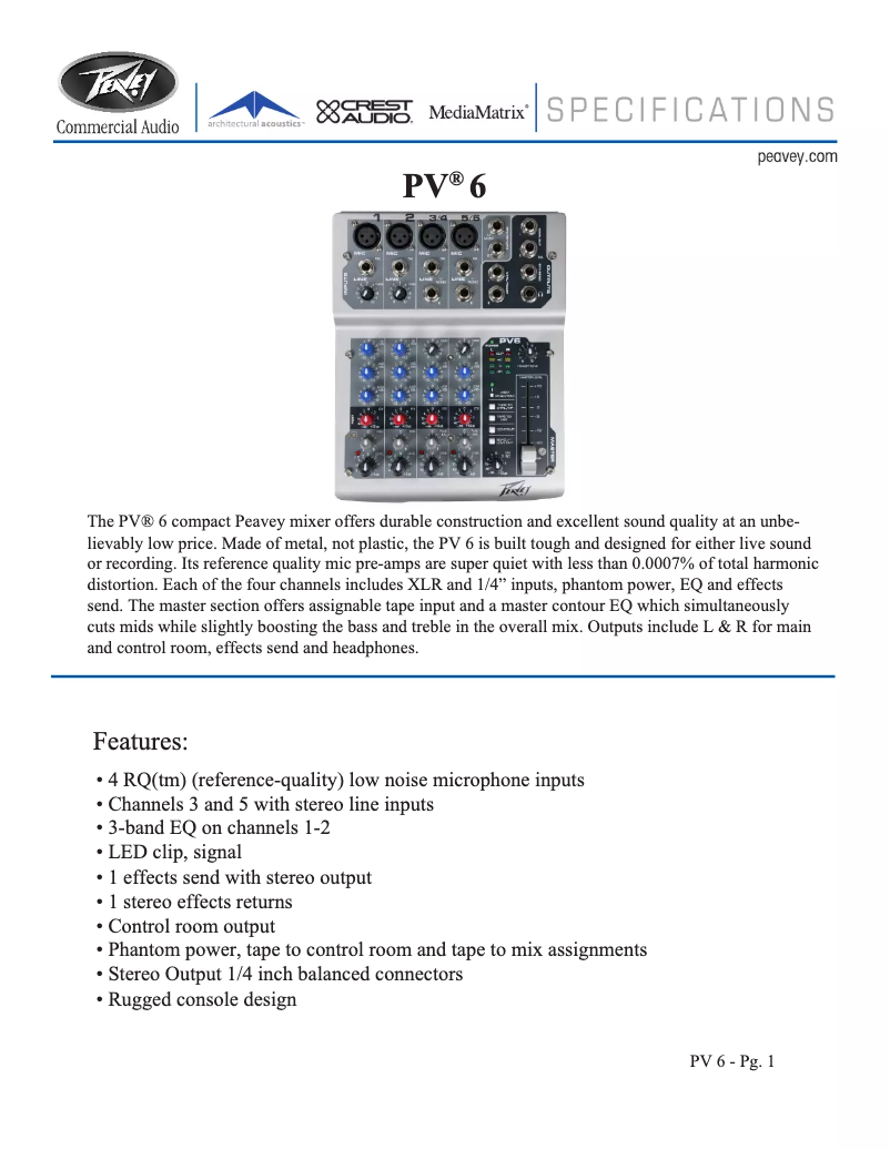 Page 1 of the manual Technical Sheet Peavey PV 6