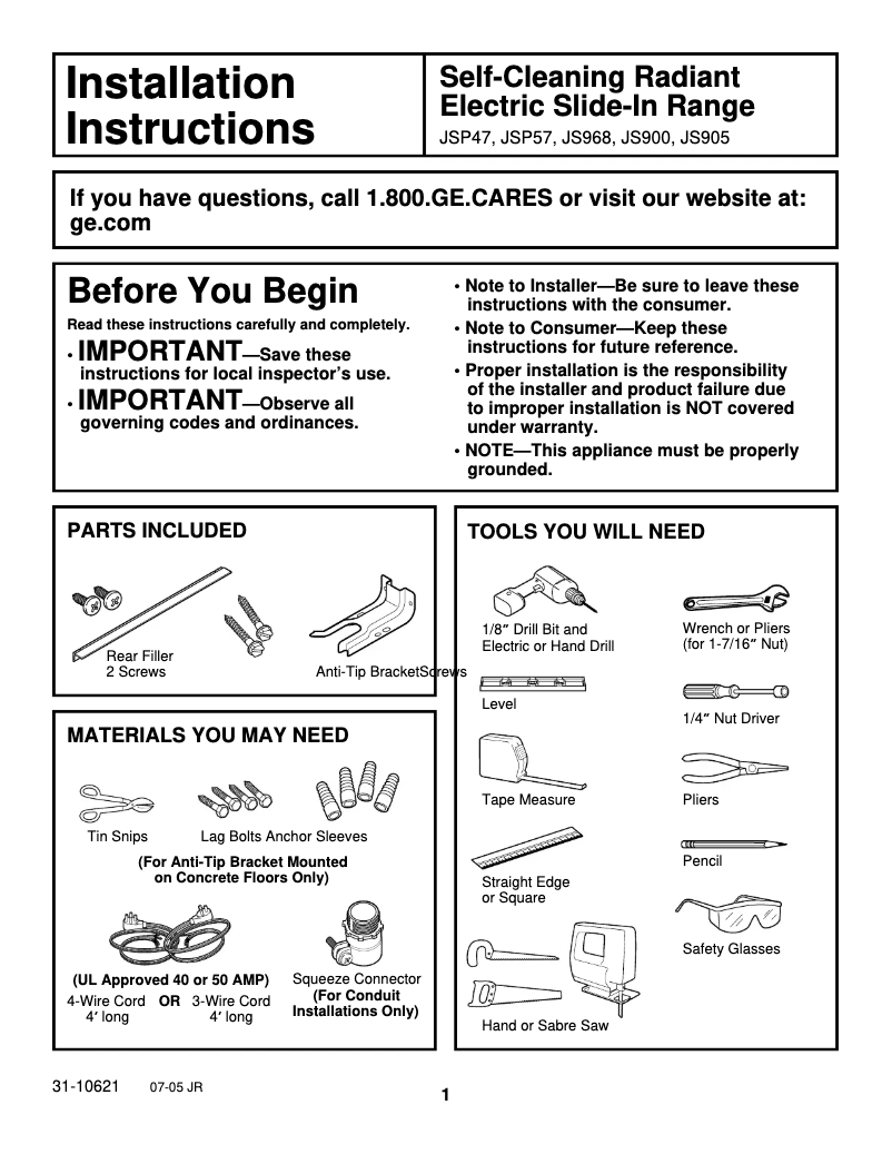 First page image of the manual for Profile JSP57CFCC