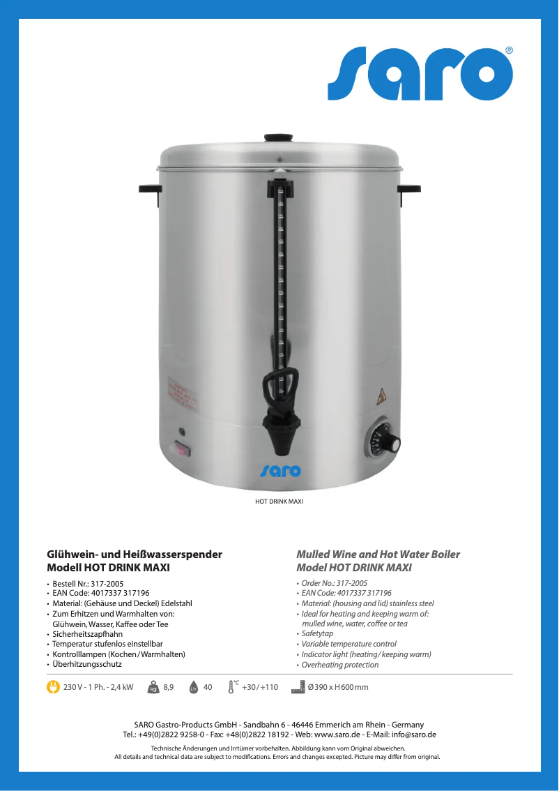 Page 1 of the manual User Manual Saro HOT DRINK MAXI 317-2005