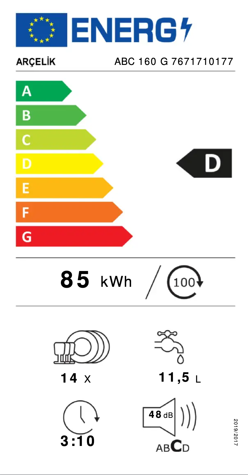 Page 1 of the manual Energy Label Arçelik ABC 160 G