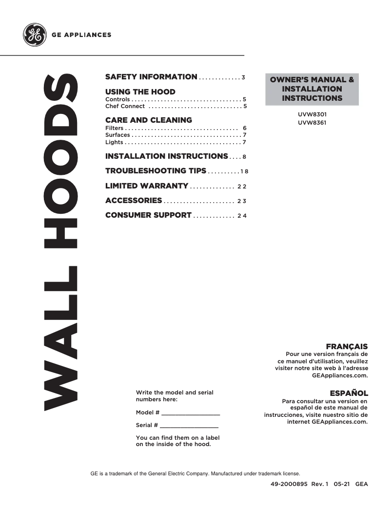 First page image of the manual for UVW8361SLSS