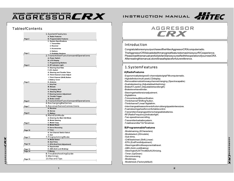 First page image of the manual for Aggressor CRX