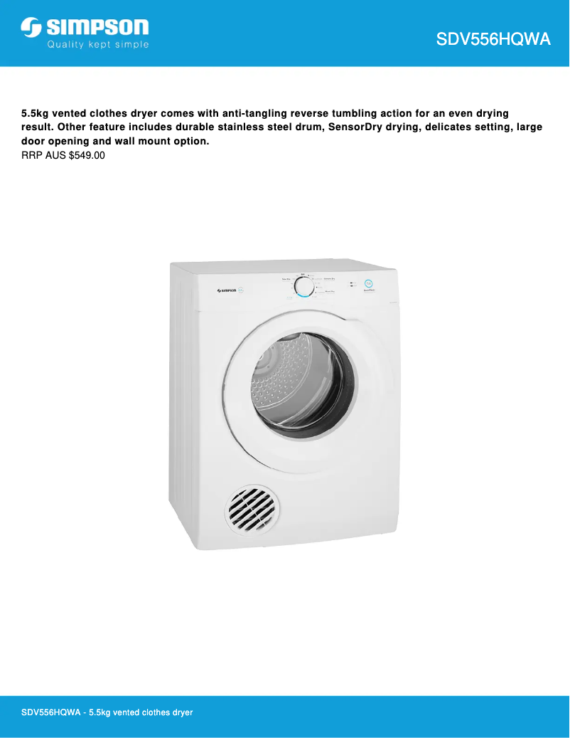 Page 1 of the manual Technical Sheet Simpson SDV556HQWA