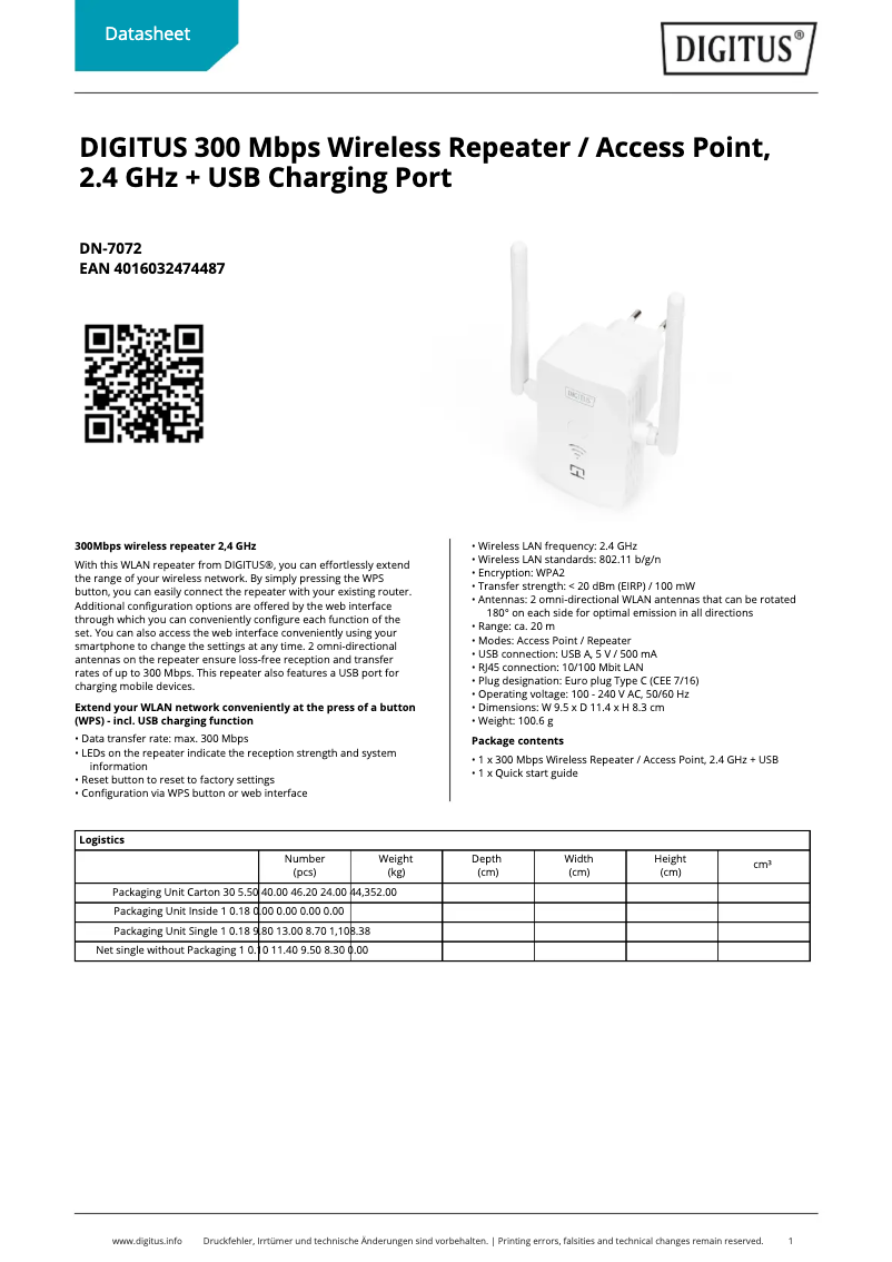 Page 1 of the manual Technical Sheet Digitus DN-7072