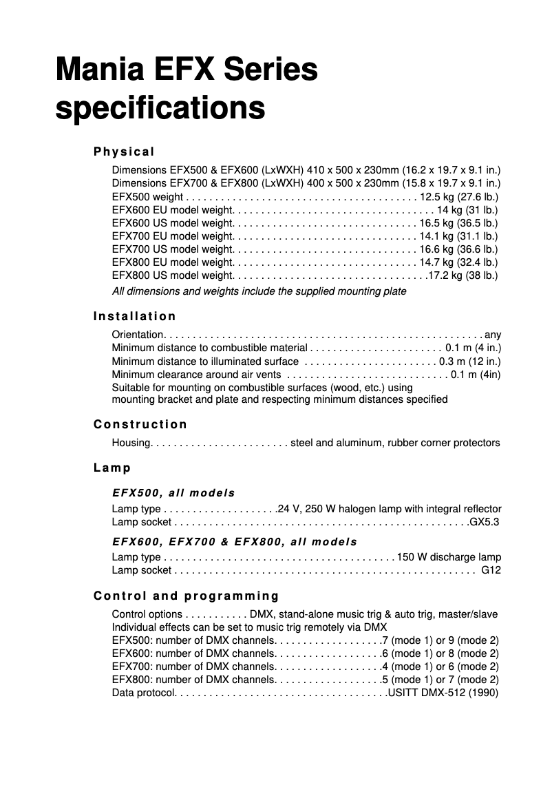 First page image of the manual for Mania EFX700