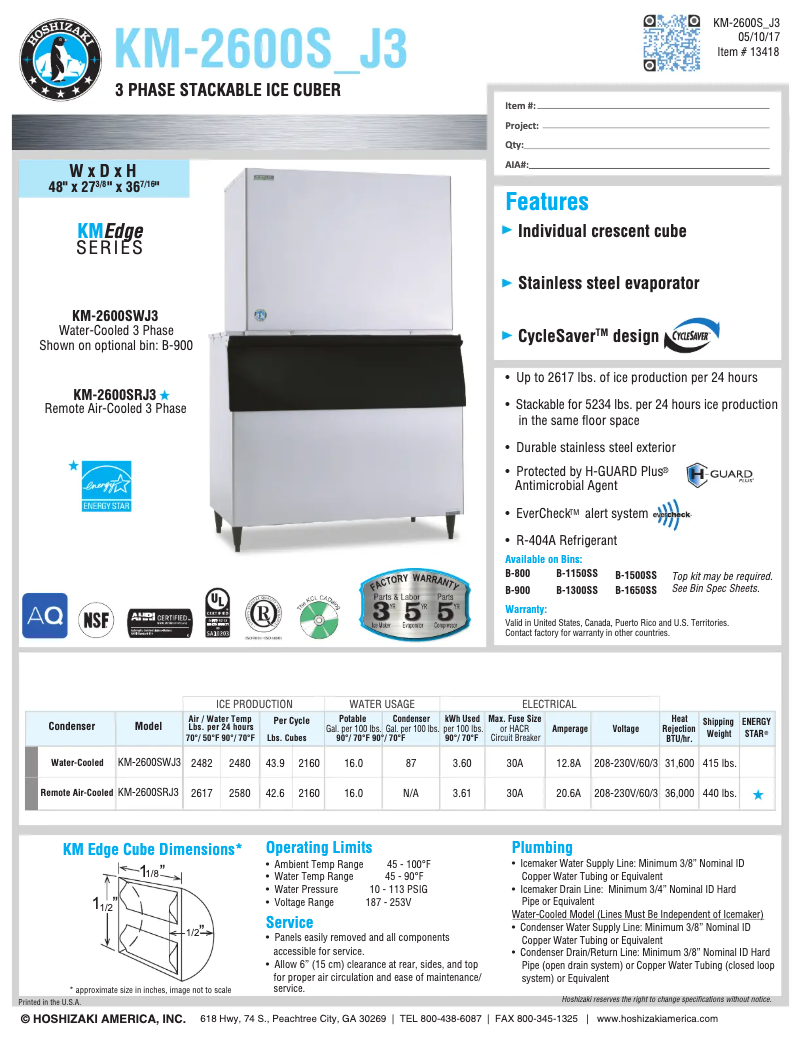 Page 1 of the manual Technical Sheet Hoshizaki KM-2600SWJ3