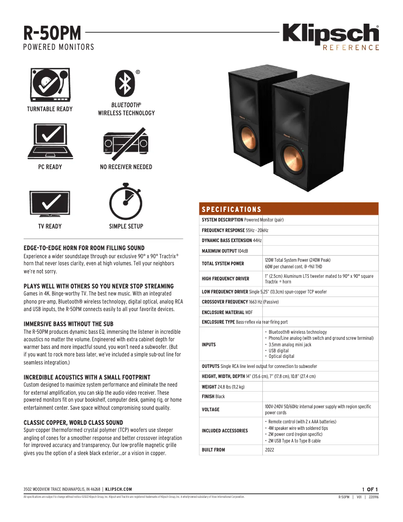 Page 1 of the manual Technical Sheet Klipsch R-50PM