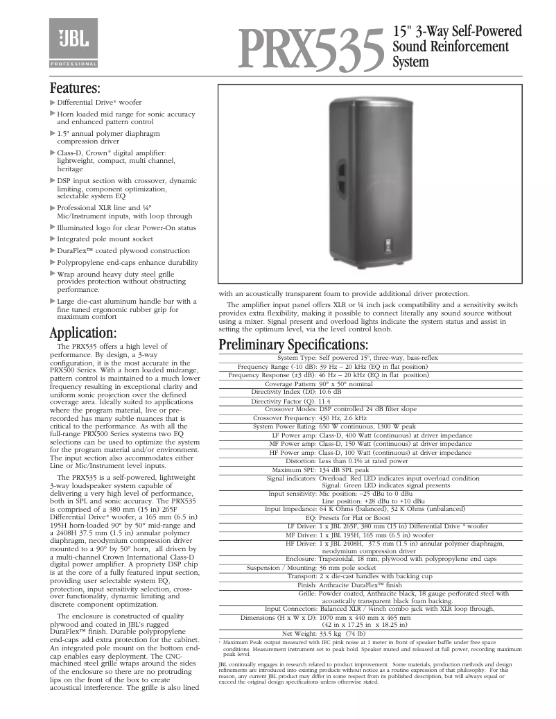 First page image of the manual for PRX535