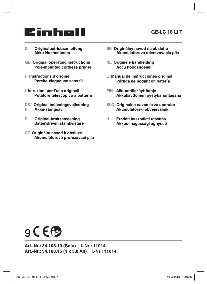 Page 1 of the manual User Manual Einhell GE-LC 18 Li T Kit