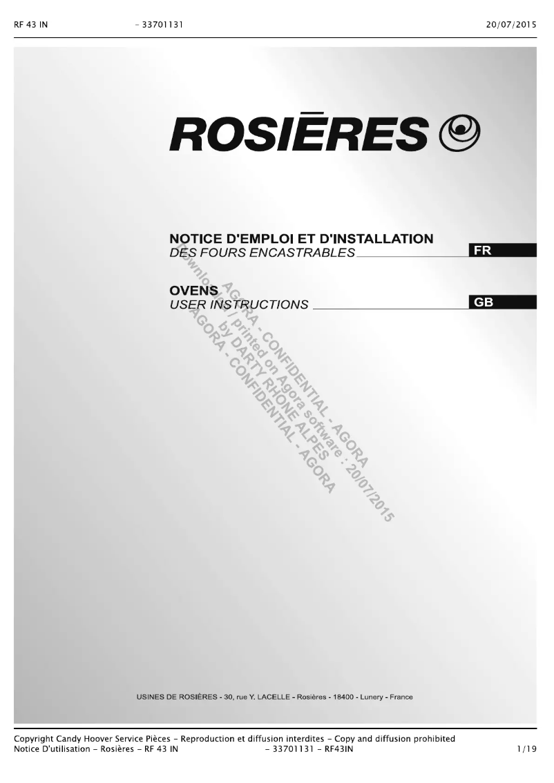 Page 1 of the manual User Manual Rosieres RF 43IN