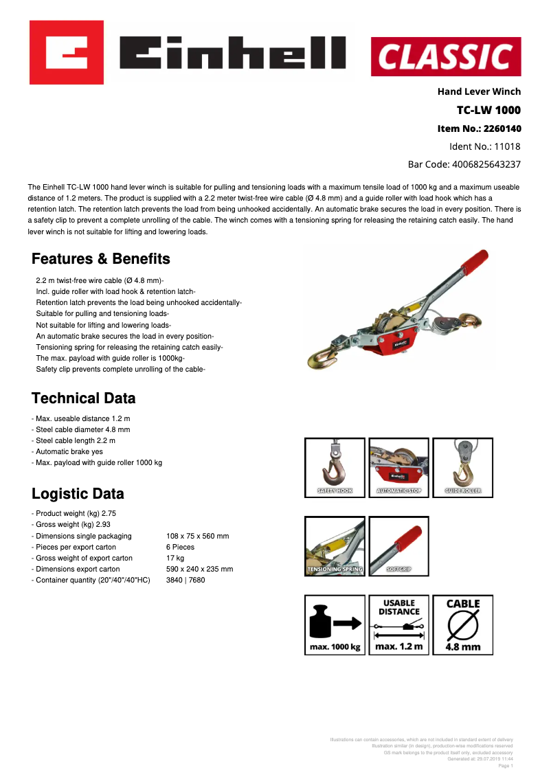 Page 1 of the manual Technical Sheet Einhell TC-LW 1000