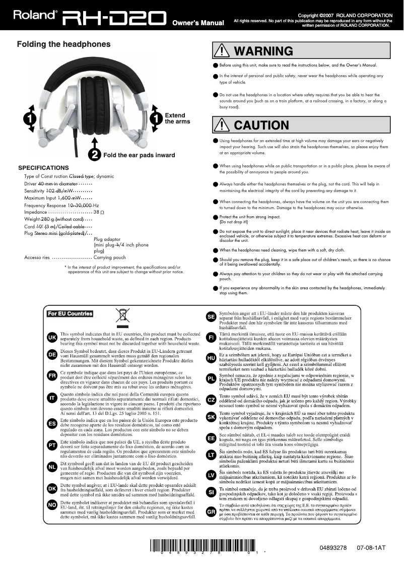 Page 1 of the manual User Manual Roland RH-D20