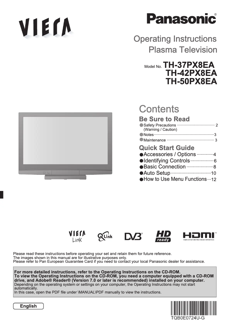 Page 1 of the manual User Manual Panasonic Viera TH-50PX8EA