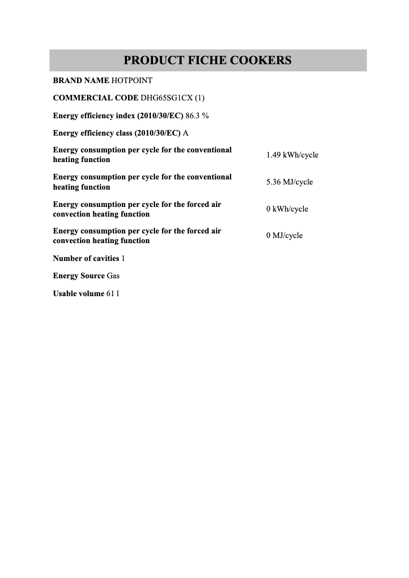 Page 1 of the manual Technical Sheet Hotpoint DHG65SG1CX
