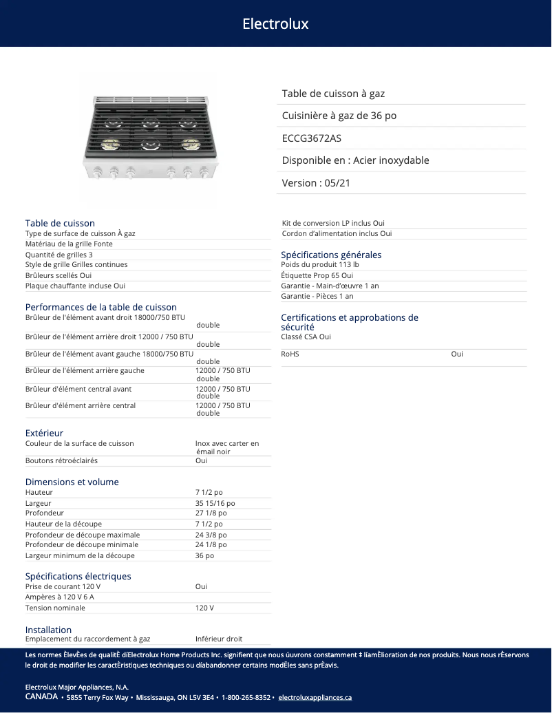 Page 1 of the manual Technical Sheet Electrolux ECCG3672AS
