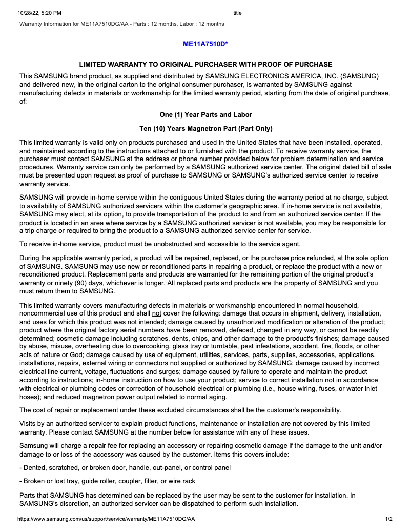 First page image of the manual for ME11A7510DG