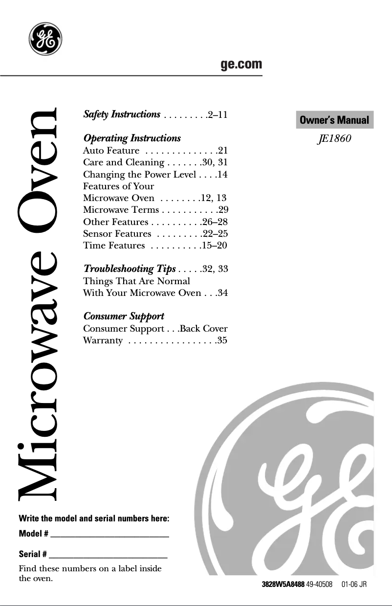 Page 1 of the manual Use and Maintenance Manual GE JE1860SH