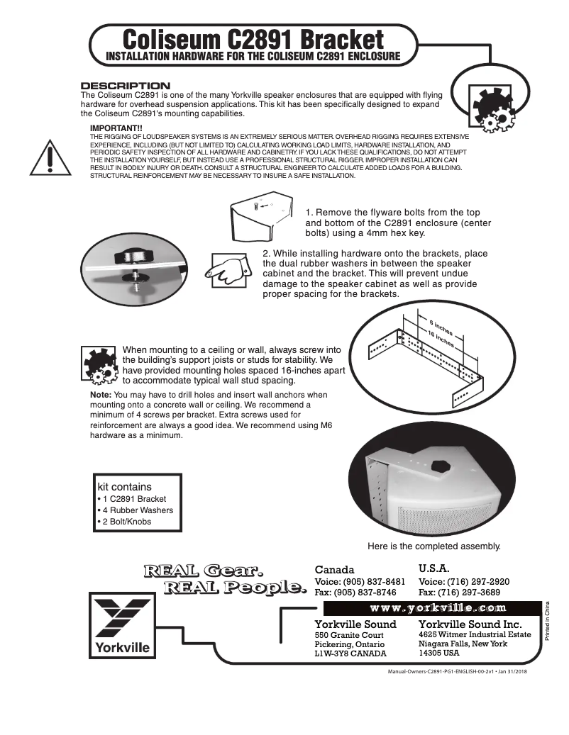Page 1 de la notice Manuel utilisateur Yorkville C2891