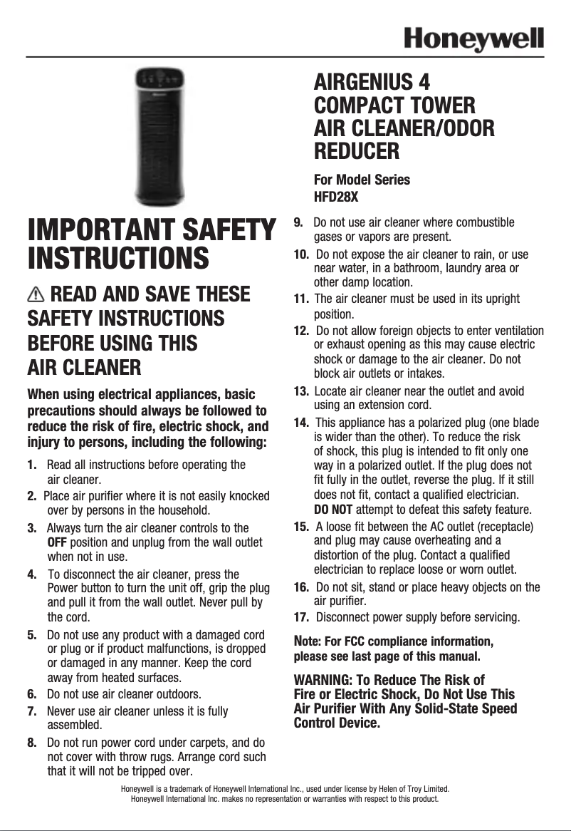 First page image of the manual for AirGenius 4 HFD280B