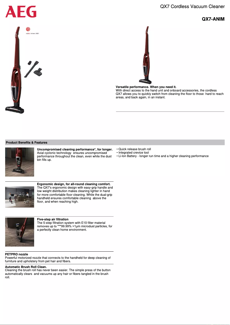 Page 1 of the manual Technical Sheet AEG QX7-ANIM