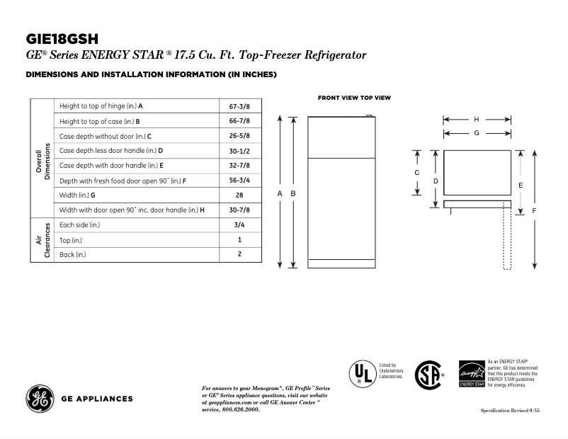 Page 1 of the manual Technical Sheet GE GIE18GSHSS