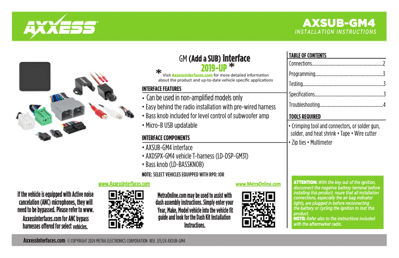 First page image of the manual for AXSUB-GM4