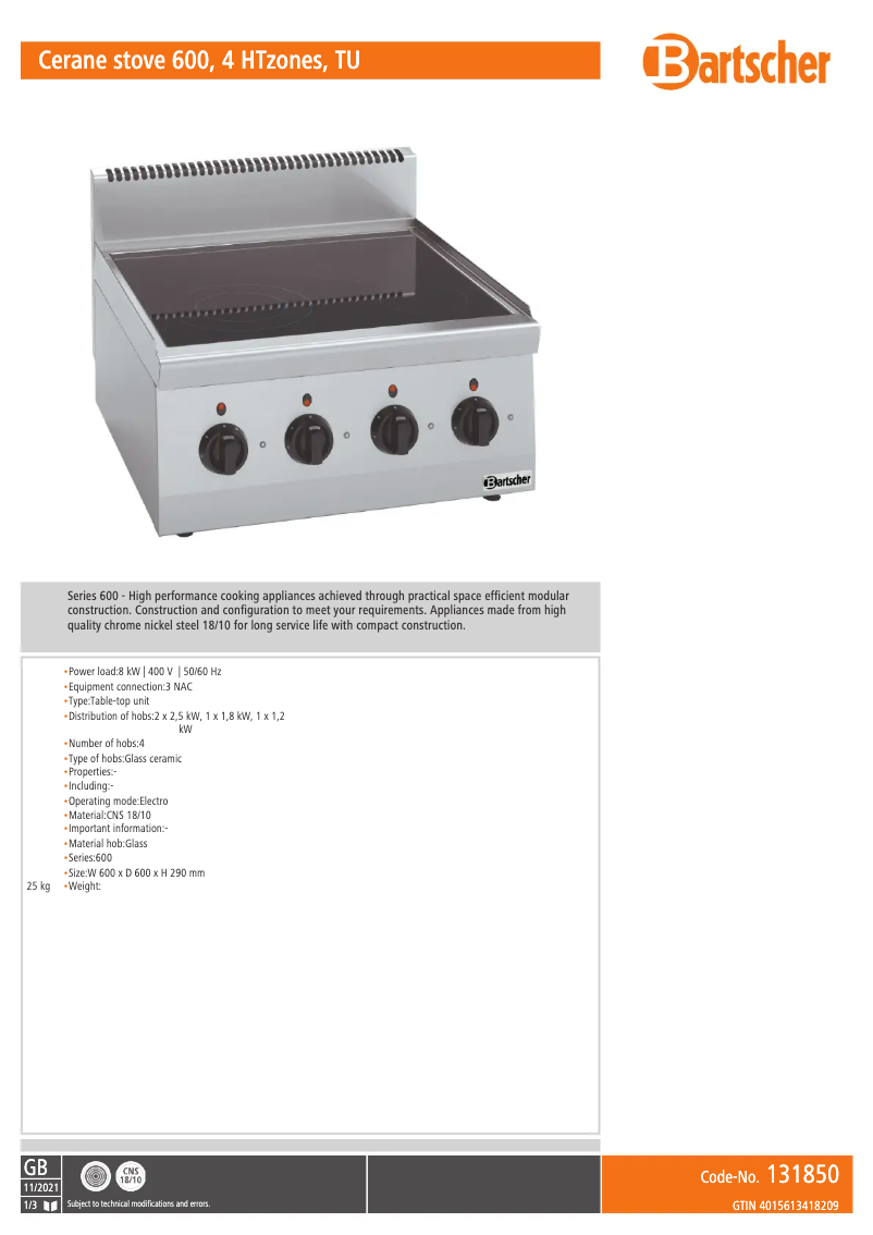 Page 1 of the manual User Manual Bartscher 131850