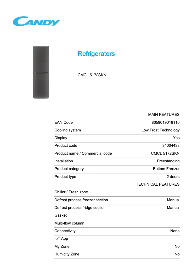 Page 1 of the manual Technical Sheet Candy CMCL 5172SKN