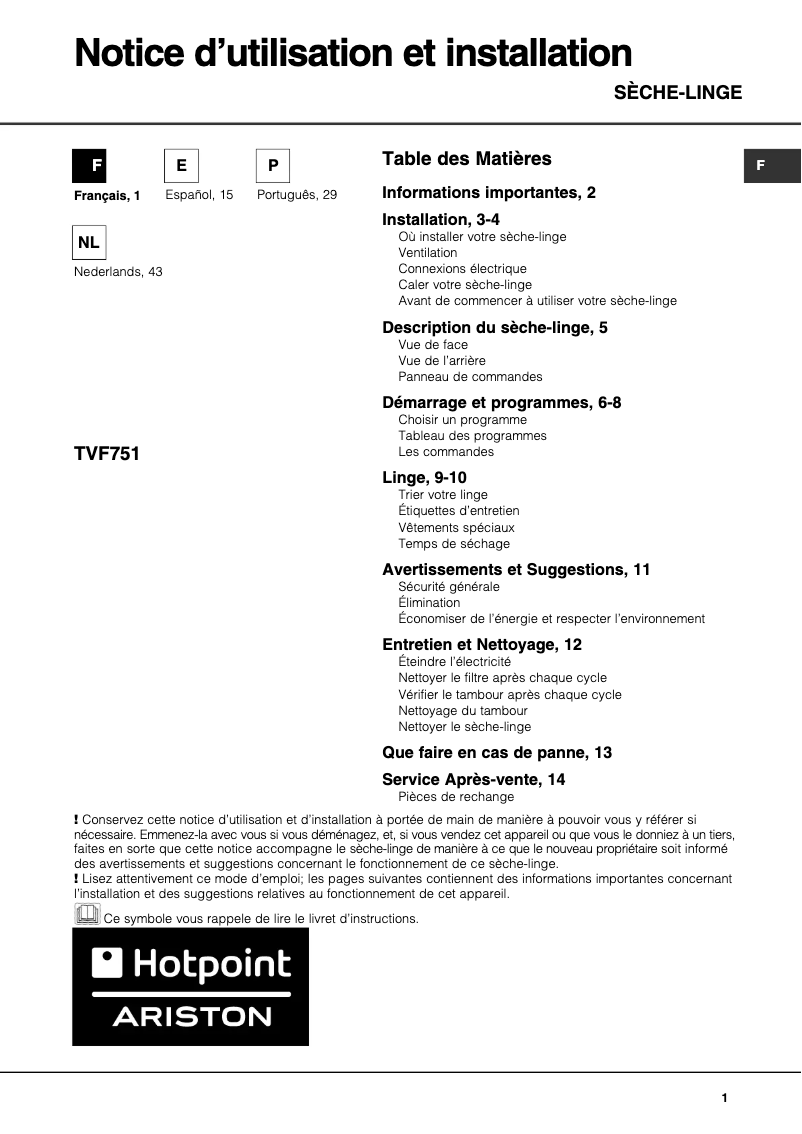 Page 1 of the manual User Manual Hotpoint TVF 751