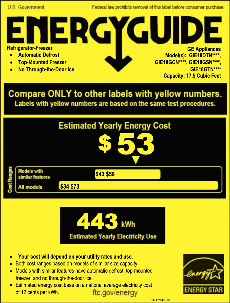 Page 1 of the manual Energy Label GE GIE18GCNRSA