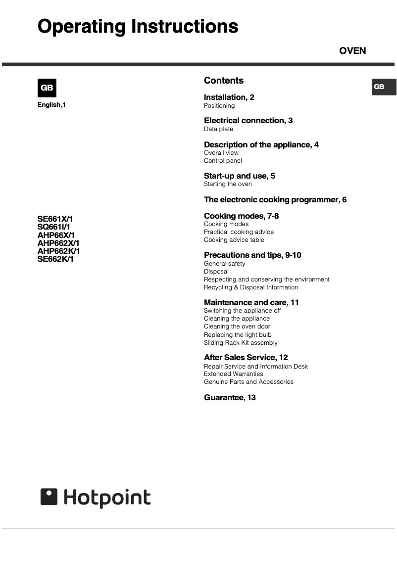 Page 1 of the manual User Manual Hotpoint SE662K