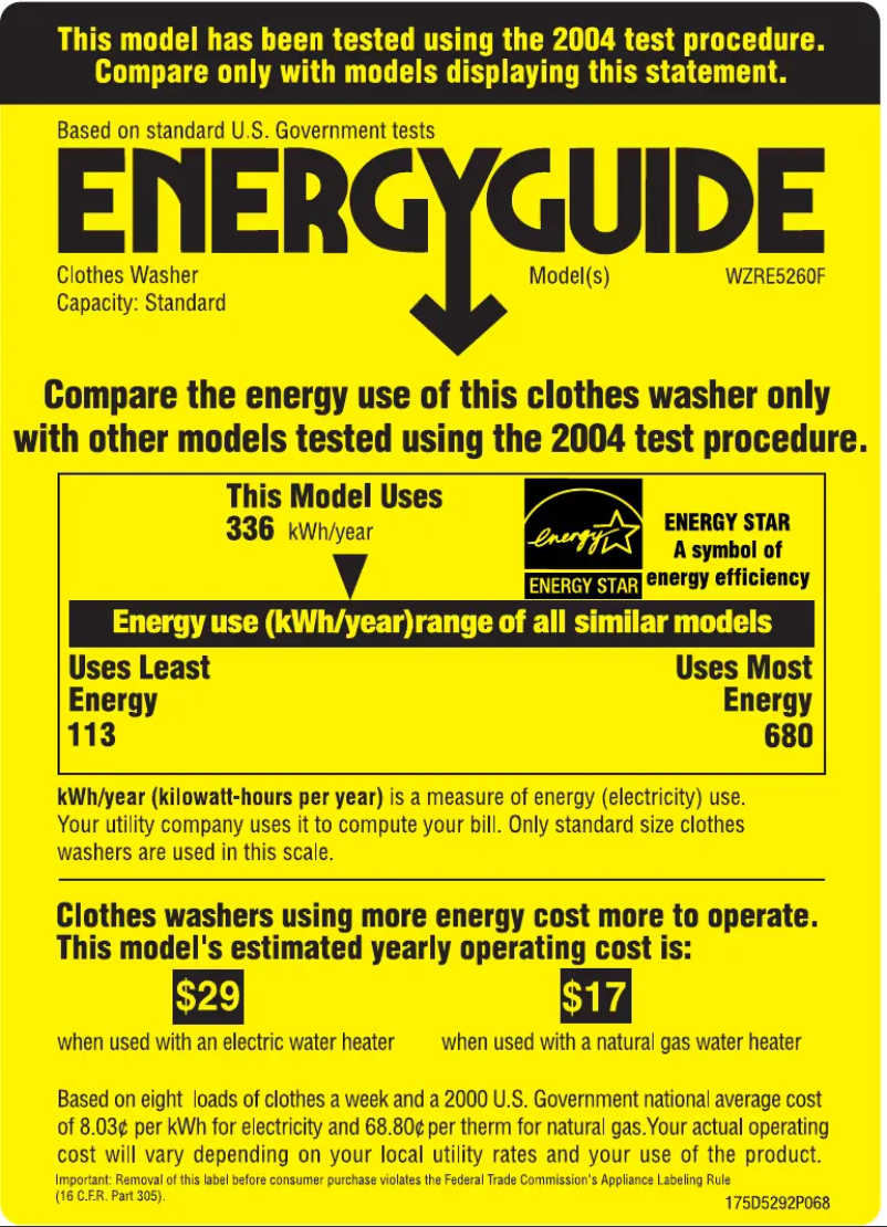 Page 1 of the manual Energy Label GE WZRE5260FGG