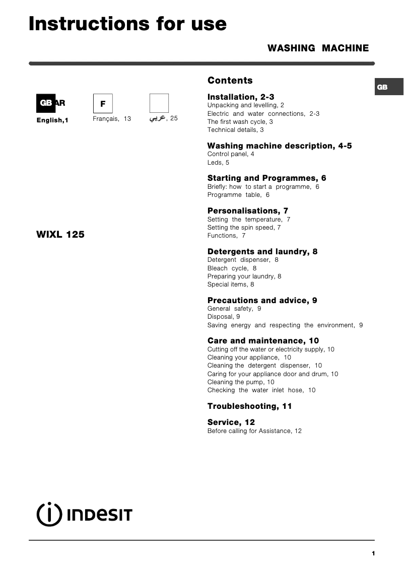 First page image of the manual for WIXL 125 (ME)
