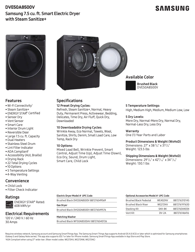 Page 1 of the manual Technical Sheet Samsung DVE50A8500V