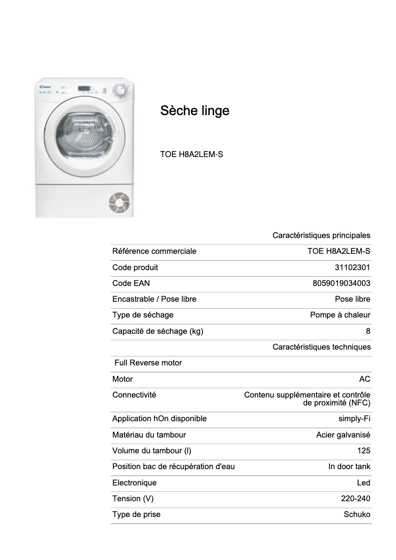 Page 1 of the manual Technical Sheet Candy TOE H8A2LEM-S