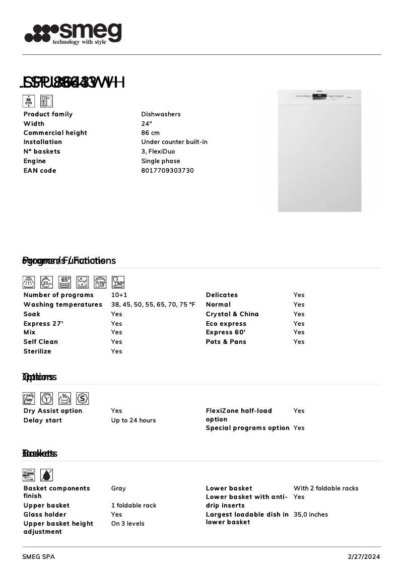 Page 1 of the manual Technical Sheet Smeg LSPU8643WH