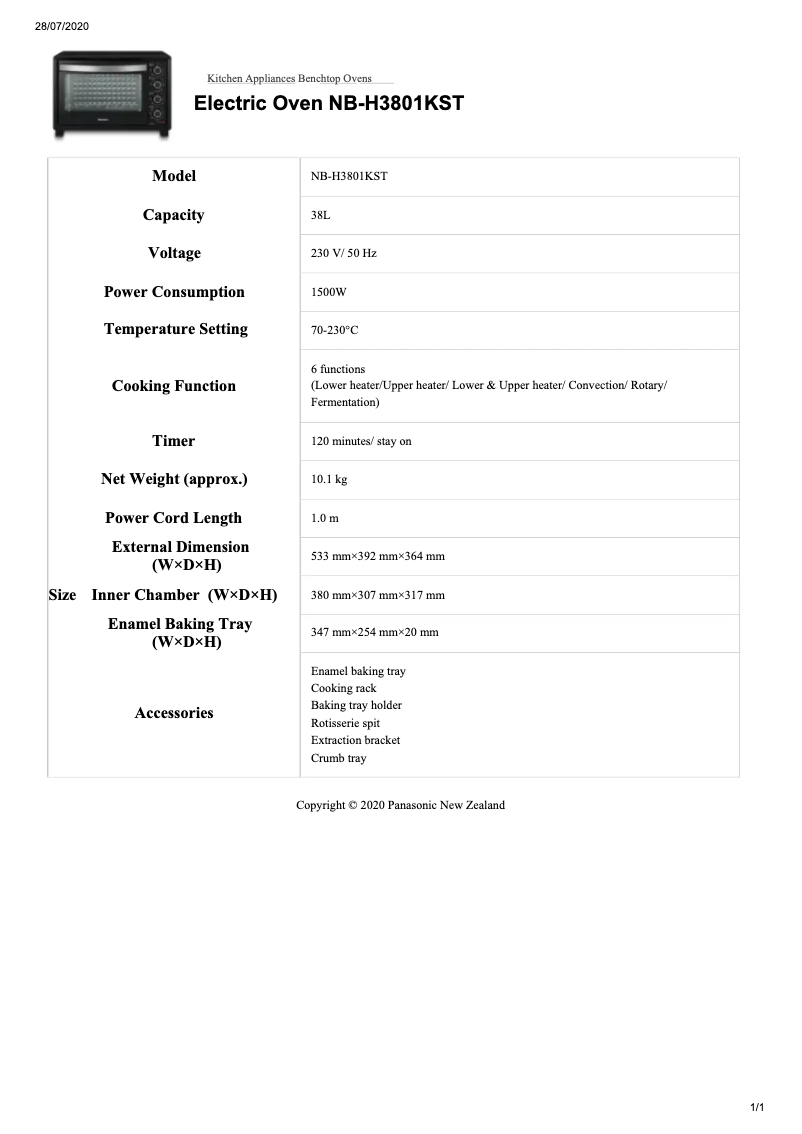 Page 1 of the manual Technical Sheet Panasonic NB-H3801