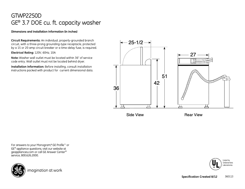 Page 1 of the manual Technical Sheet GE GTWP2250DWW