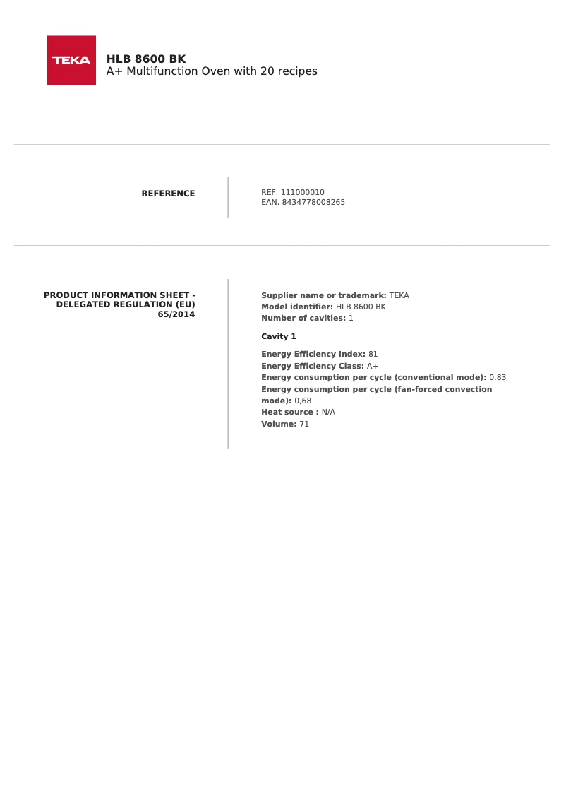 Page 1 of the manual Technical Sheet Teka HLB 8600 BK