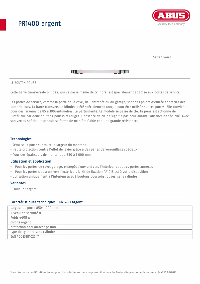 Page 1 of the manual Technical Sheet Abus PR1400