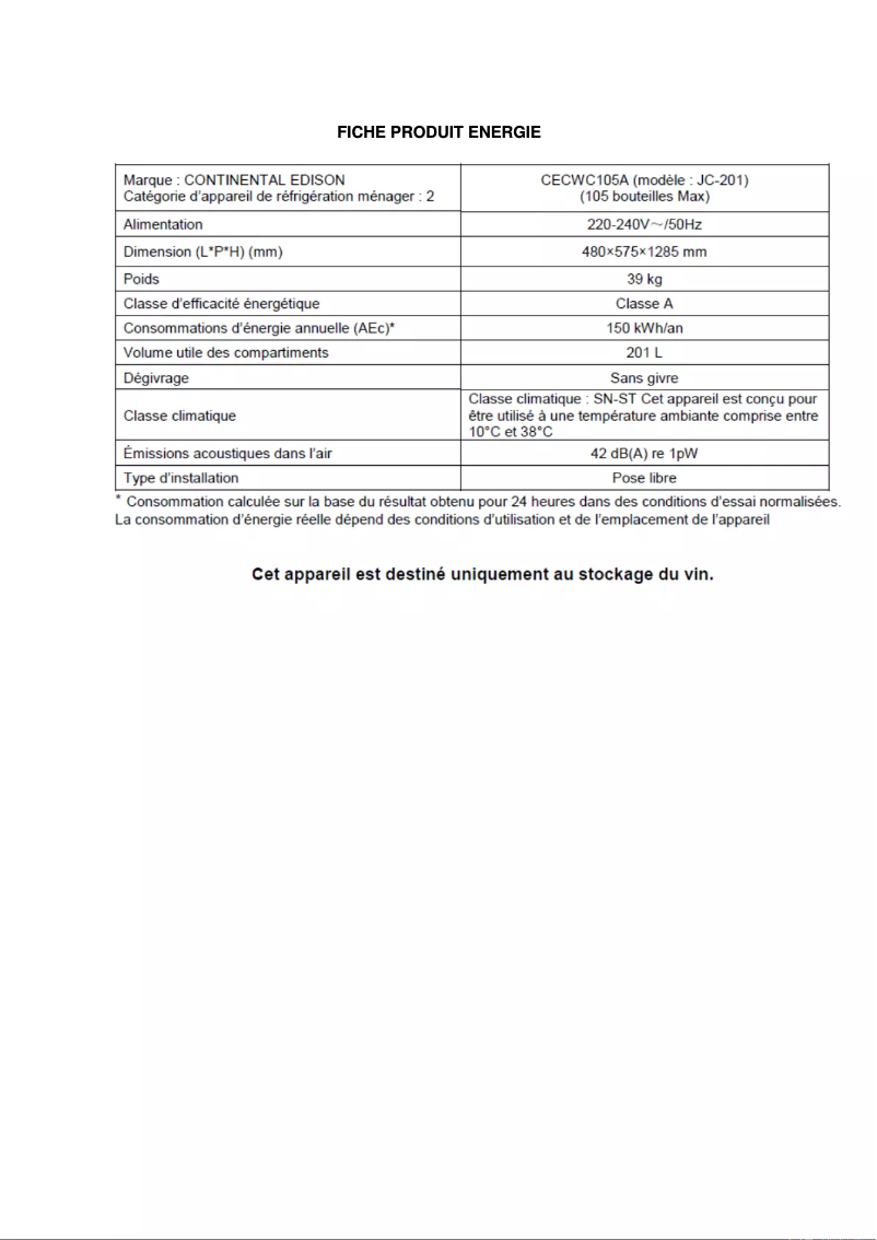 Page 1 of the manual Energy Label Continental Edison CECWC105A