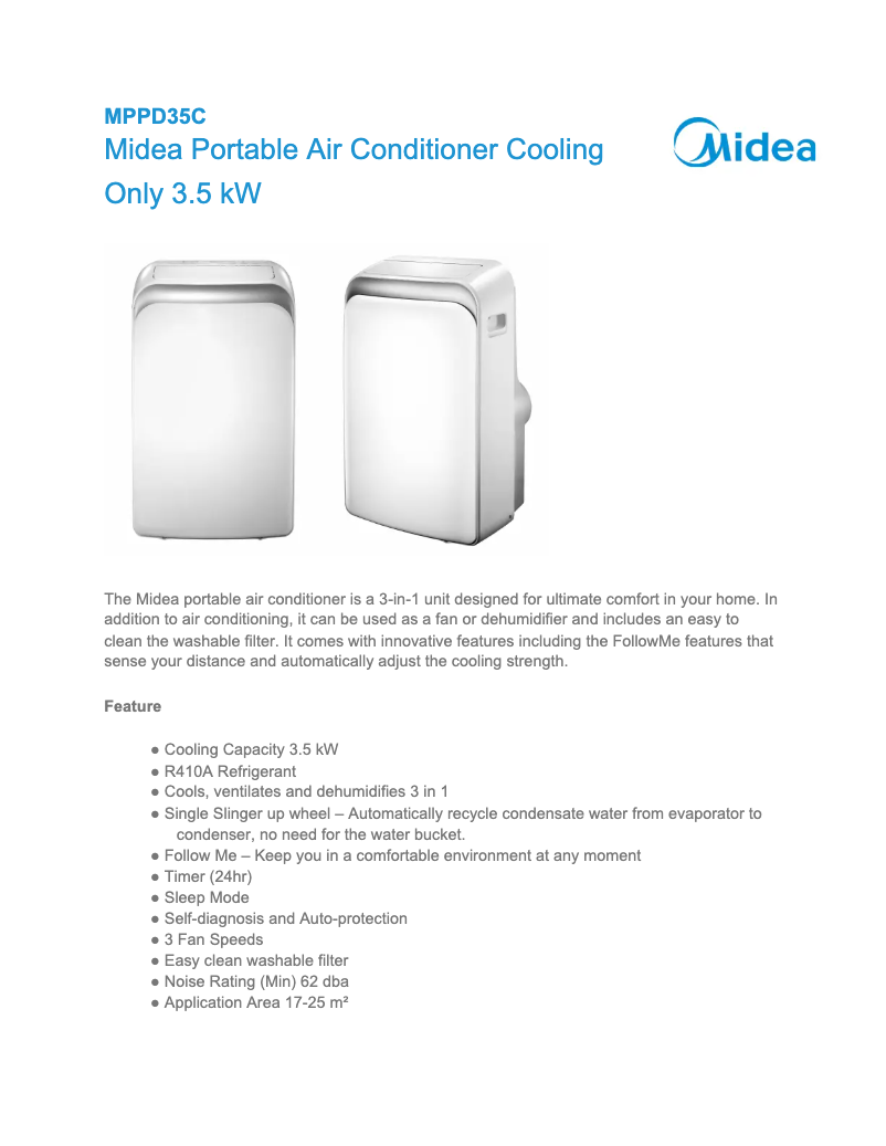 Page 1 of the manual Technical Sheet Midea MPPD35C