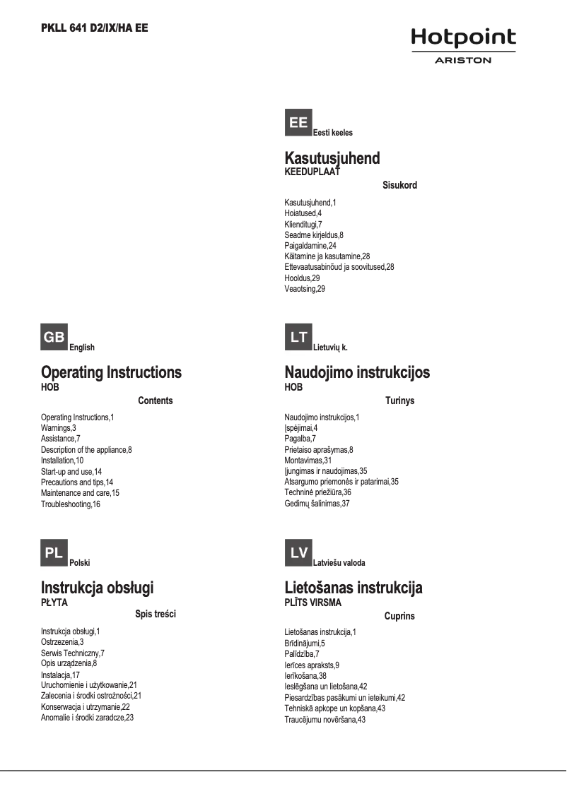 Page 1 of the manual User Manual Hotpoint Ariston PKLL 641 D2/IX/HA EE